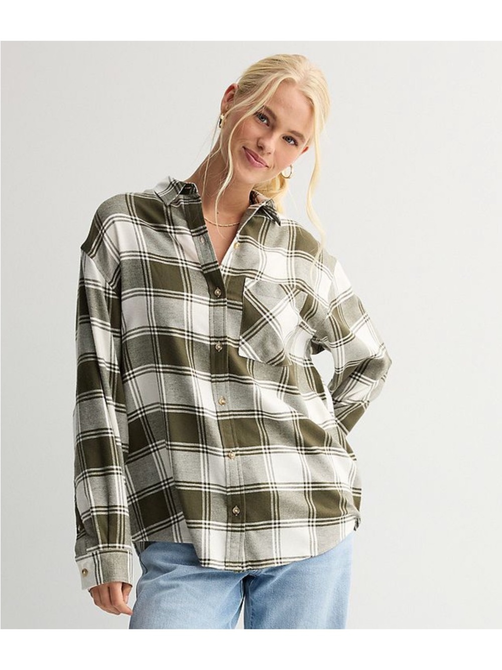 SO Olive & White Plaid Button-Down Shirt